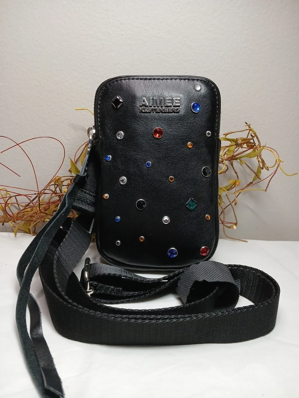 Aimee Kestenberg Black Leather Jeweled Mini Crossbody Handbag
